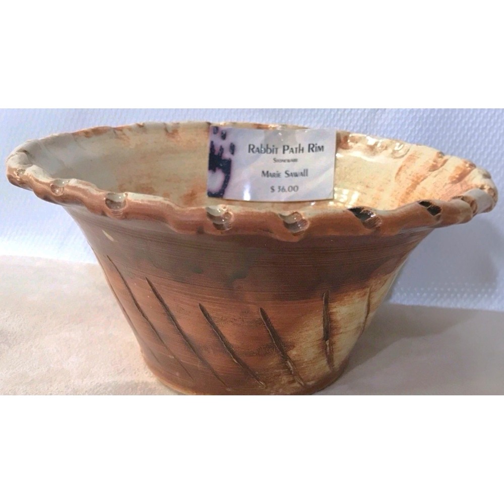 Marie Sawall Signed Rabbit Path Rim Artisan Stoneware Bowl Studio Pottery Brown